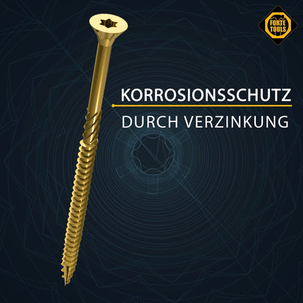 FORTE Tools Tornillo universal para madera 6,0 x 140 mm T30 200 piezas (4x 000051399498) rosca parcial Torx cabeza avellanada galvanizada amarilla