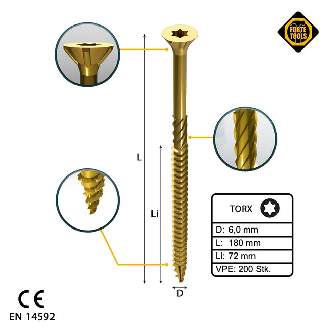 FORTE Tools Tornillo universal para madera 6,0 x 180 mm T30 200 piezas (4x 000051399500) rosca parcial Torx cabeza avellanada galvanizada amarilla