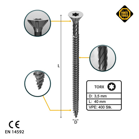 FORTE Tools tornillo universal para madera 3,5 x 40 mm T15 400 piezas (2x 000040113865) galvanizado plateado cabeza avellanada Torx rosca completa