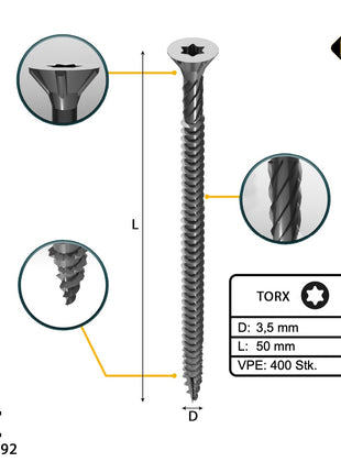 FORTE Tools Tornillo universal para madera 3,5 x 50 mm T15 400 piezas (2x 000040113866) galvanizado en plata Torx cabeza avellanada rosca completa