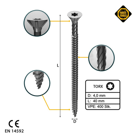 FORTE Tools Tornillo universal para madera 4,0 x 40 mm T20 400 piezas (2x 000040113869) galvanizado en plata Torx cabeza avellanada rosca completa