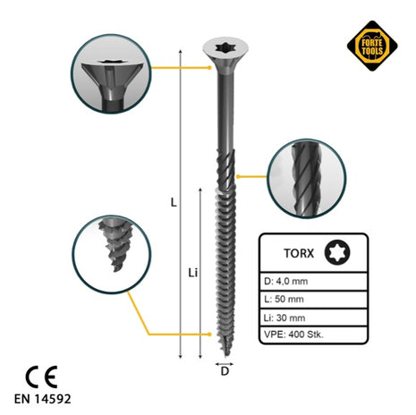 FORTE Tools Vis à bois universelle 4,0 x 50 mm T20 400 pièces (2x 000040113870) zingué argent Torx tête fraisée filetage partiel