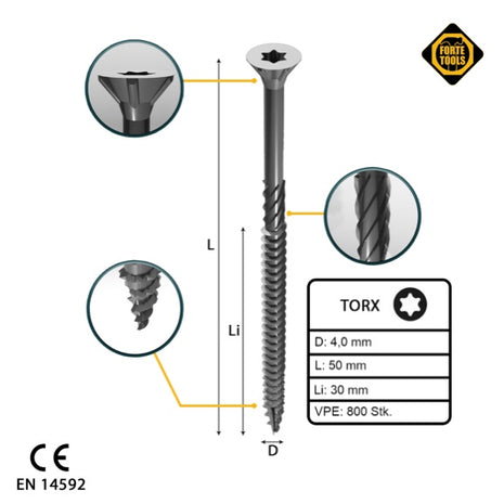 FORTE Tools Vis à bois universelle 4,0 x 50 mm T20 800 pièces (4x 000040113870) zingué argent Torx tête fraisée filetage partiel