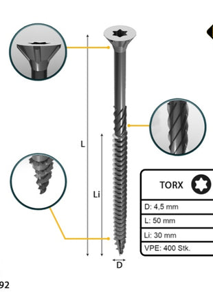 FORTE Tools Tornillo universal para madera 4,5 x 50 mm T20 400 piezas (2x 000040113874) galvanizado en plata Torx cabeza avellanada rosca parcial