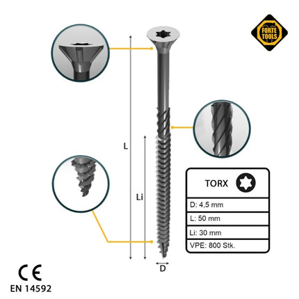 FORTE Tools tornillo universal para madera 4,5 x 50 mm T20 800 piezas (4x 000040113874) galvanizado en plata Torx cabeza avellanada rosca parcial