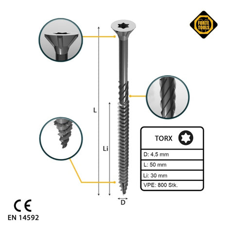 FORTE Tools Vis à bois universelle 4,5 x 50 mm T20, Argent galvanisé, Tête fraisée Torx, Filetage partiel, 800 pcs. (4x 000040113874)