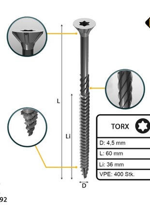 FORTE Tools tornillo universal para madera 4,5 x 60 mm T20 400 piezas (2x 000040113875) galvanizado en plata Torx cabeza avellanada rosca parcial