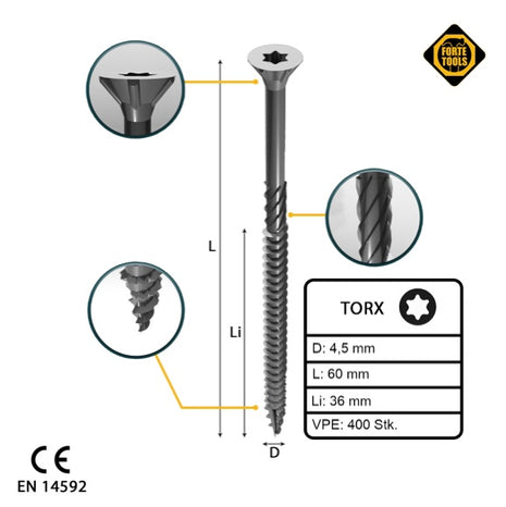 FORTE Tools Vis à bois universelle 4,5 x 60 mm T20, Argent galvanisé, Tête fraisée Torx, Filetage partiel, 400 pcs. (2x 000040113875)