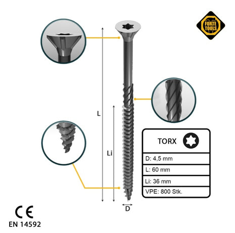 FORTE Tools tornillo universal para madera 4,5 x 60 mm T20 800 piezas (4x 000040113875) galvanizado en plata Torx cabeza avellanada rosca parcial