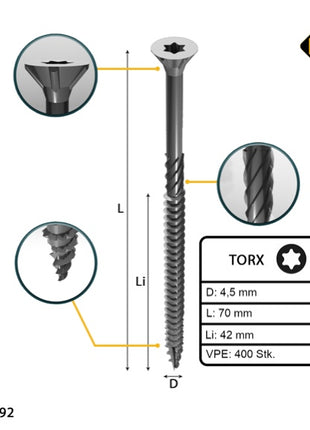 FORTE Tools tornillo universal para madera 4,5 x 70 mm T20 400 piezas (2x 000040113876) galvanizado en plata Torx cabeza avellanada rosca parcial