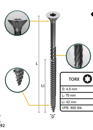 FORTE Tools tornillo universal para madera 4,5 x 70 mm T20 800 piezas (4x 000040113876) galvanizado en plata Torx cabeza avellanada rosca parcial