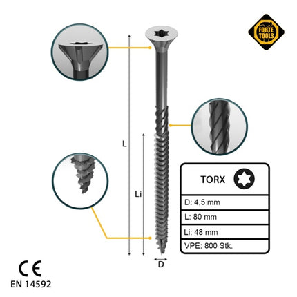 FORTE Tools tornillo universal para madera 4,5 x 80 mm T20 800 piezas (4x 000040113877) galvanizado en plata Torx cabeza avellanada rosca parcial