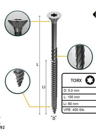 FORTE Tools Tornillo universal para madera 5,0 x 100 mm T25 400 piezas (4x 000040113878) galvanizado en plata Torx cabeza avellanada rosca parcial