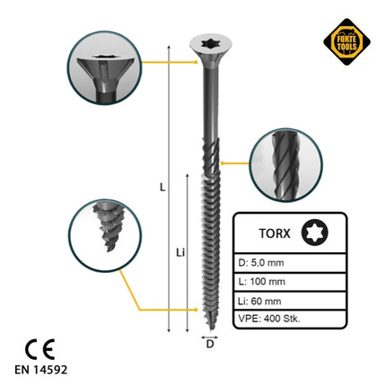 FORTE Tools Tornillo universal para madera 5,0 x 100 mm T25 400 piezas (4x 000040113878) galvanizado en plata Torx cabeza avellanada rosca parcial