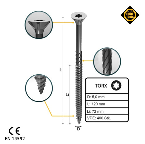 FORTE Tools Tornillo universal para madera 5,0 x 120 mm T25 400 piezas (4x 000040113879) galvanizado en plata Torx cabeza avellanada rosca parcial