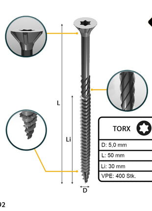 FORTE Tools Tornillo universal para madera 5,0 x 50 mm T25 400 piezas (2x 000040113881) galvanizado en plata Torx cabeza avellanada rosca parcial