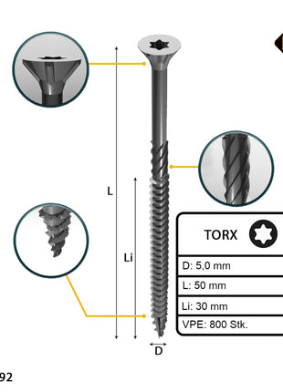 FORTE Tools Tornillo universal para madera 5,0 x 50 mm T25 800 piezas (4x 000040113881) galvanizado en plata Torx cabeza avellanada rosca parcial