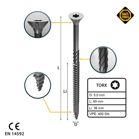 FORTE Tools tornillo universal para madera 5,0 x 60 mm T25 400 piezas (2x 000040113882) galvanizado en plata Torx cabeza avellanada rosca parcial