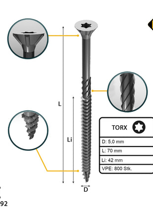 FORTE Tools Tornillo universal para madera 5,0 x 70 mm T25 800 piezas (4x 000040113883) galvanizado en plata Torx cabeza avellanada rosca parcial