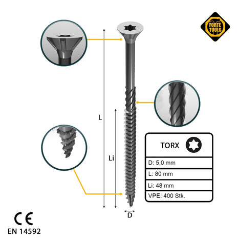 FORTE Tools Tornillo universal para madera 5,0 x 80 mm T25 400 piezas (2x 000040113884) galvanizado en plata Torx cabeza avellanada rosca parcial