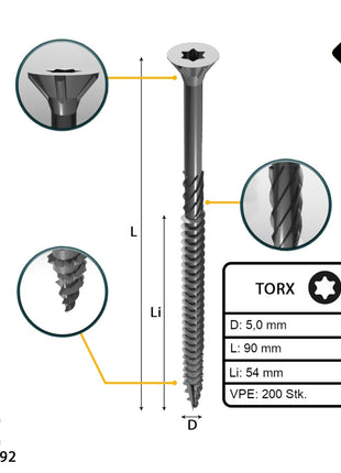 FORTE Tools Tornillo universal para madera 5,0 x 90 mm T25 200 piezas (2x 000040113885) galvanizado en plata Torx cabeza avellanada rosca parcial