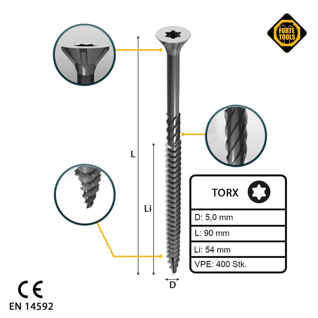 FORTE Tools Tornillo universal para madera 5,0 x 90 mm T25 400 piezas (4x 000040113885) galvanizado en plata Torx cabeza avellanada rosca parcial
