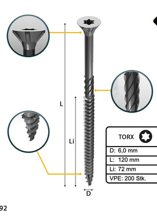 FORTE Tools Tornillo universal para madera 6,0 x 120 mm T30 200 piezas (2x 000040113887) galvanizado en plata Torx cabeza avellanada rosca parcial