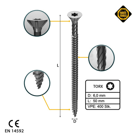 FORTE Tools tornillo universal para madera 6,0 x 50 mm T30 400 piezas (4x 000040113888) galvanizado en plata Torx cabeza avellanada rosca completa