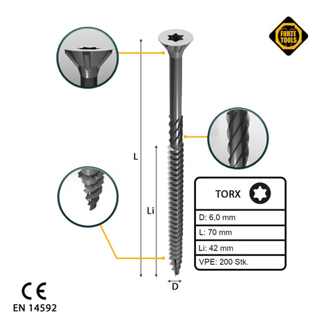 FORTE Tools Tornillo universal para madera 6,0 x 70 mm T30 200 piezas (2x 000040113890) galvanizado en plata Torx cabeza avellanada rosca parcial