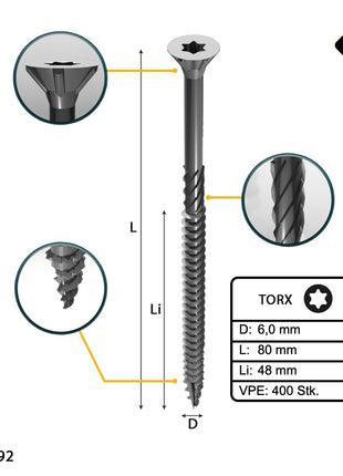 FORTE Tools tornillo universal para madera 6,0 x 80 mm T30 400 piezas (4x 000040113891) galvanizado en plata Torx cabeza avellanada rosca parcial