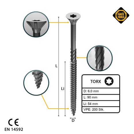 FORTE Tools Universal Holzschraube 6,0 x 90 mm T30 200 Stk. ( 2x 000040113892 ) silber verzinkt Torx Senkkopf Teilgewinde