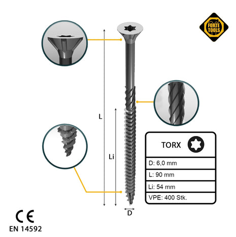 FORTE Tools tornillo universal para madera 6,0 x 90 mm T30 400 piezas (4x 000040113892) galvanizado en plata Torx cabeza avellanada rosca parcial