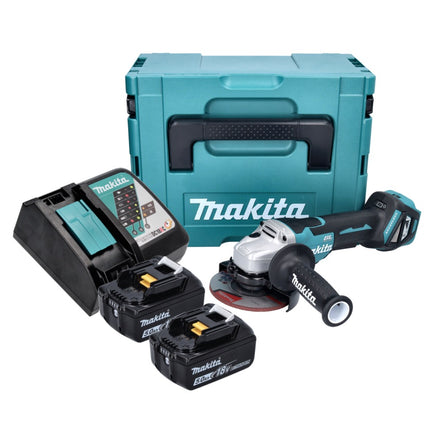 Amoladora angular a batería Makita DGA 515 RTJ 18 V 125 mm sin escobillas + 2x baterías 5,0 Ah + cargador + Makpac