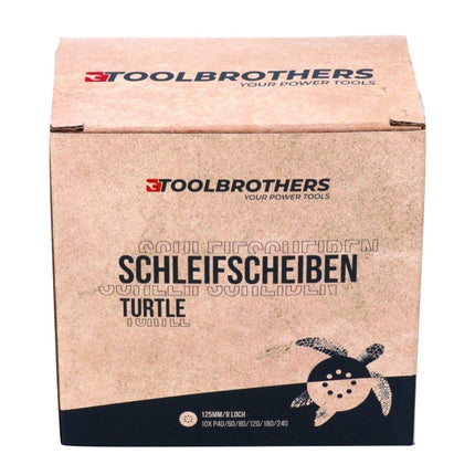 Toolbrothers TURTLE Schleifset 2 Packungen 120x Schleifscheiben 125mm Klett 8 Loch je 20x P40 / P60 / P80 / P120 / P180 / 240 für Hartholz, Weichholz, Lack, Stein, Stahl, Aluminium, Furnier - Toolbrothers
