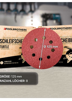 Toolbrothers TURTLE Schleifset 4 Packungen 240x Schleifscheiben 125mm Klett 8 Loch je 40x P40 / P60 / P80 / P120 / P180 / 240 für Hartholz, Weichholz, Lack, Stein, Stahl, Aluminium, Furnier - Toolbrothers