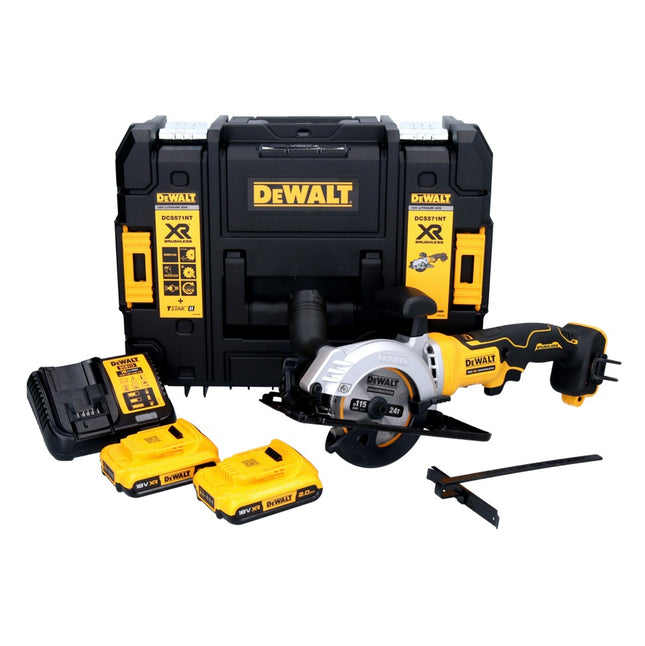 DeWalt DCS 571 D2 cordless circular saw 18 V 115 mm brushless + 2x battery 2.0 Ah + charger + TSTAK