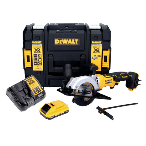 Sierra circular manual a batería DeWalt DCS 571 L1 18 V 115 mm sin escobillas + 1x batería 3,0 Ah + cargador + TSTAK