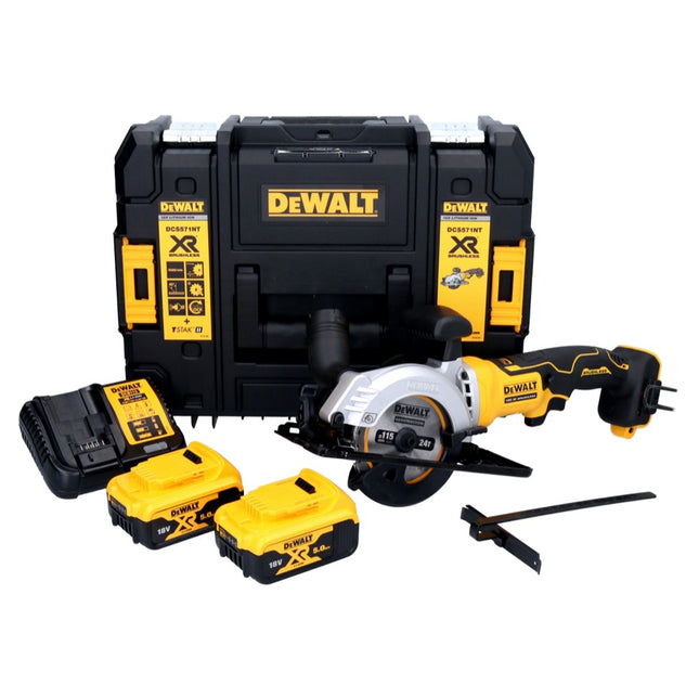 DeWalt DCS 571 P2 Akumulatorowa pilarka tarczowa 18 V 115 mm bezszczotkowa + 2x akumulator 5,0 Ah + ładowarka + TSTAK