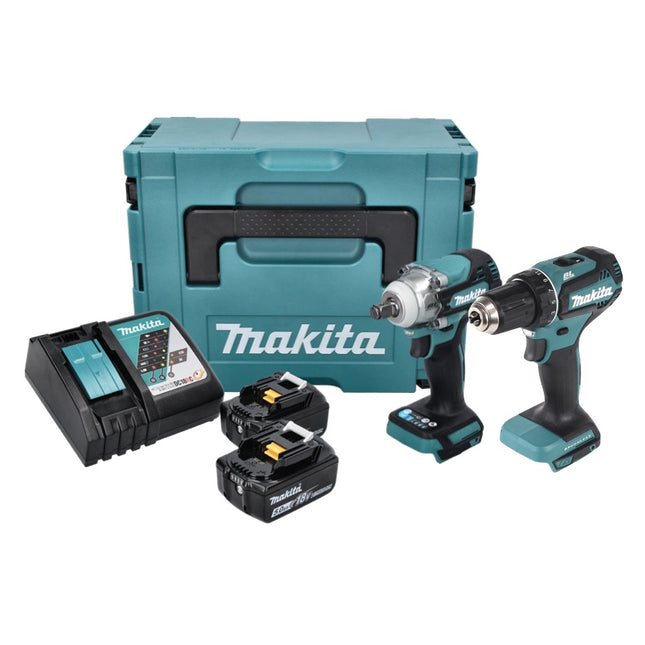 Makita DLX 2452 TJ Cordless Combo Kit Car DTW 300 Cordless Impact Driver + DDF 485 Cordless Drill + 2x Battery 5,0 Ah + Charger + Makpac