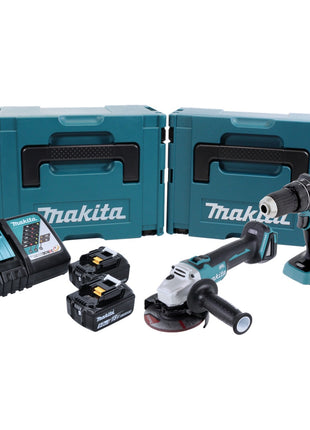 Kit combinado de batería Makita DLX 2126 TJ1 Amoladora angular de batería DGA 504 + Taladro percutor de batería DHP 480 + 2x batería 5.0 Ah + cargador + 2x Makpac