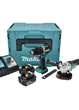 Kit combinado de batería Makita DLX 2272 TJ Amoladora angular de batería DGA 513 + Taladro percutor de batería DHP 484 + 2x batería 5.0 Ah + cargador + Makpac