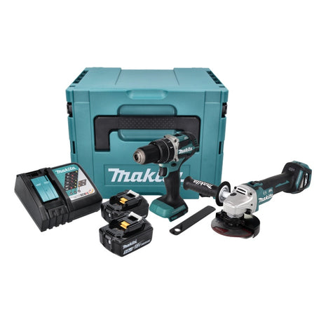 Makita DLX 2272 TJ cordless combo kit DGA 513 cordless angle grinder + DHP 484 cordless impact drill + 2x rechargeable battery 5.0 Ah + charger + Makpac