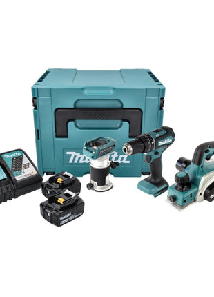 Kit combinado de batería Makita DLX 3116 TJ Taladro percutor de batería DHP 485 + cepilladora de batería DKP 180 + fresadora multifuncional de batería DRT 50 + 2x batería 5,0 Ah + cargador + Makpac