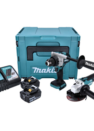 Kit combinado de batería Makita DLX 2430 TJ Taladro a batería DDF 486 + amoladora angular a batería DGA 504 + 2x batería 5.0 Ah + cargador + Makpac