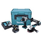 Kit combinado de batería Makita DLX 2430 TJ Taladro a batería DDF 486 + amoladora angular a batería DGA 504 + 2x batería 5.0 Ah + cargador + Makpac