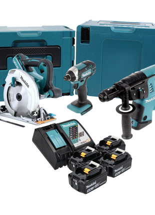 Kit combinado de batería Makita DLX 3049 PTJ Taladro percutor inalámbrico DHR 264 + sierra circular inalámbrica DHS 710 + llave de impacto inalámbrica DTD 152 + 4 baterías de 5,0 Ah + cargador + 2x Makpac