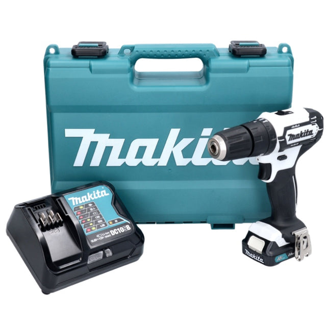Taladro percutor a batería Makita HP 333 DSAW 12 V 30 Nm blanco + 1 batería de 2,0 Ah + cargador + maletín