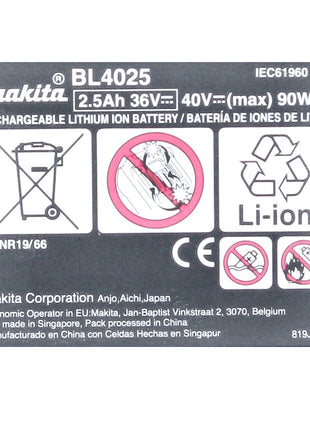 Kit de fuente de alimentación Makita 40 V máx. (191L76-1) con 2 baterías BL 4025 de 2,5 Ah + cargador rápido DC 40 RA XGT LXT