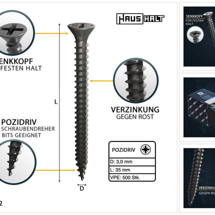 HausHalt Universal Holzbauschraube Holzschraube 3,0 x 35 mm PZ1 500 Stk. ( 000051371099 ) silber verzinkt Kreuzschlitz Pozidriv Senkkopf Vollgewinde - Toolbrothers
