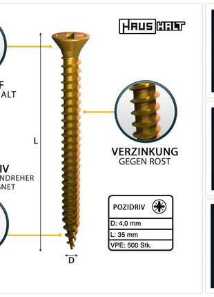 HausHalt Tornillo universal para construcción de madera tornillo para madera 4,0 x 35 mm PZ2 500 piezas (000051371145) amarillo galvanizado ranura transversal Pozidriv cabeza avellanada rosca completa